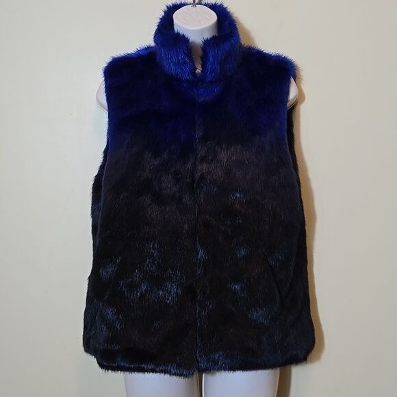 Cejon Black Blue Faux Fur Vest Steam Punk Goth Grunge Chic Rocker Ombre Size M - Picture 9 of 14